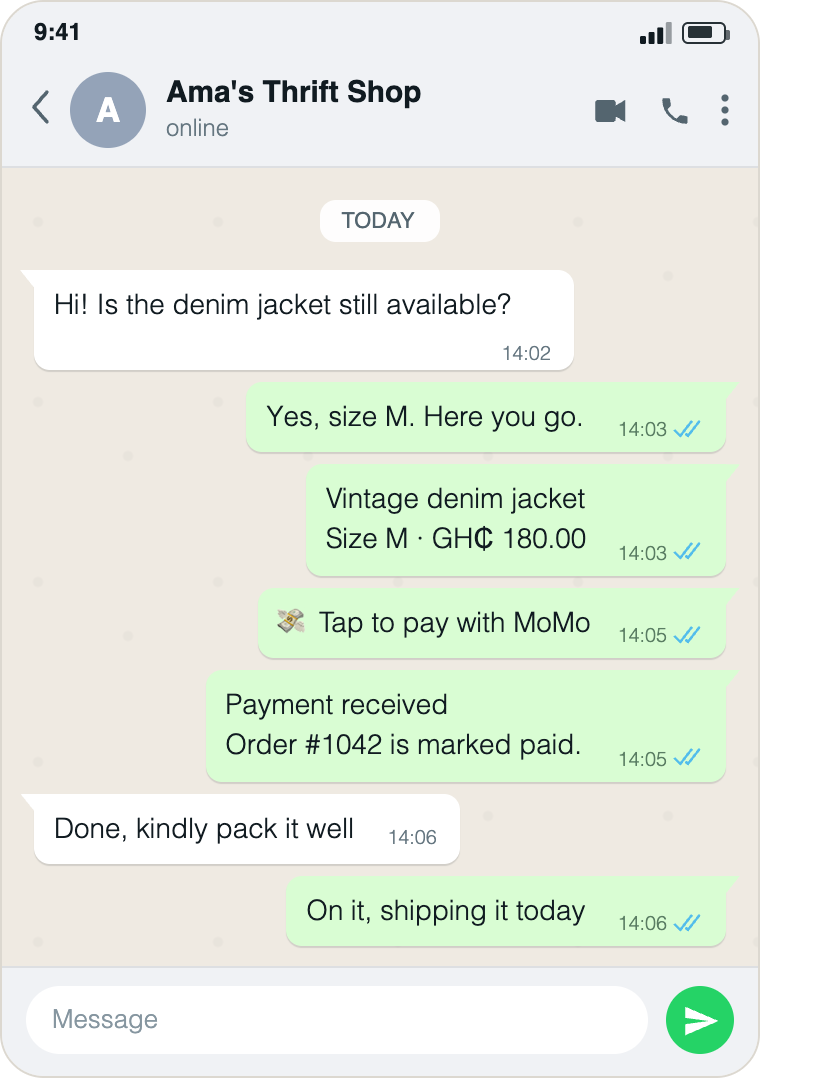 WhatsApp chat: a buyer asks about a denim jacket, the seller sends the price and a Tap to pay with MoMo message, then Payment received. Order #1042 is marked paid.